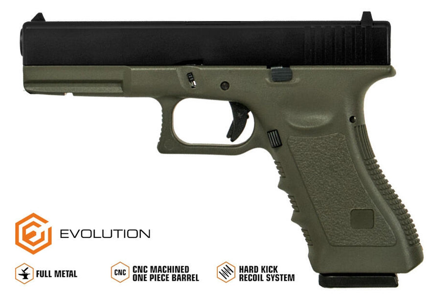 PISTOLA A GAS SCARRELLANTE GLOCK 17 verde METAL SCARRELLANTE EVOLUTION AIRSOFT