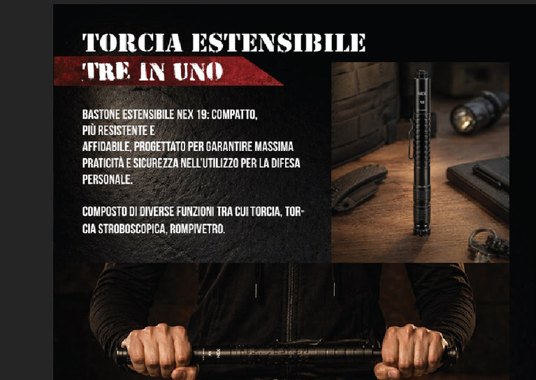 BASTONE TATTICO ESTENSIBILE CON TORCIA 3 IN 1 DIMENSIONE 19" DEFENCE SYSTEM