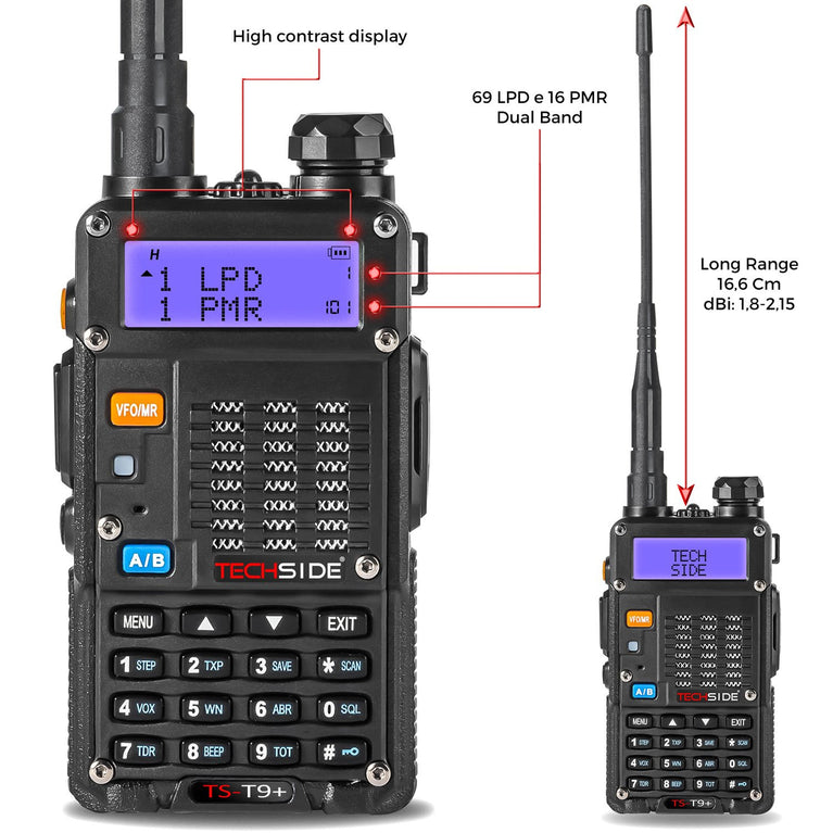 Radio TS-T9+ Radio Tri-Power 8W Vhf/Uhf Premium + Auricolare TSAU e Antenna ad alto guadagno TECHSIDE