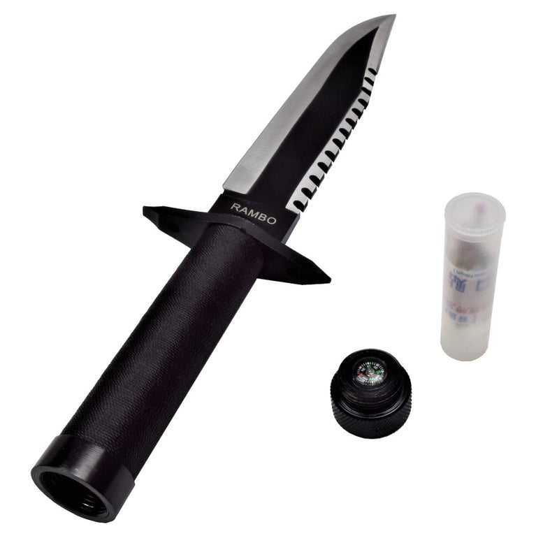 COLTELLO DA CACCIA RAMBO I CON KIT SURVIVOR NEL MANICO