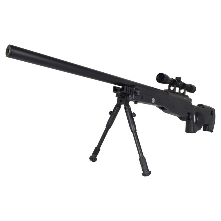 FUCILE SNIPER A MOLLA CON BIPIEDE E OTTICA 4X32 NERO WELL