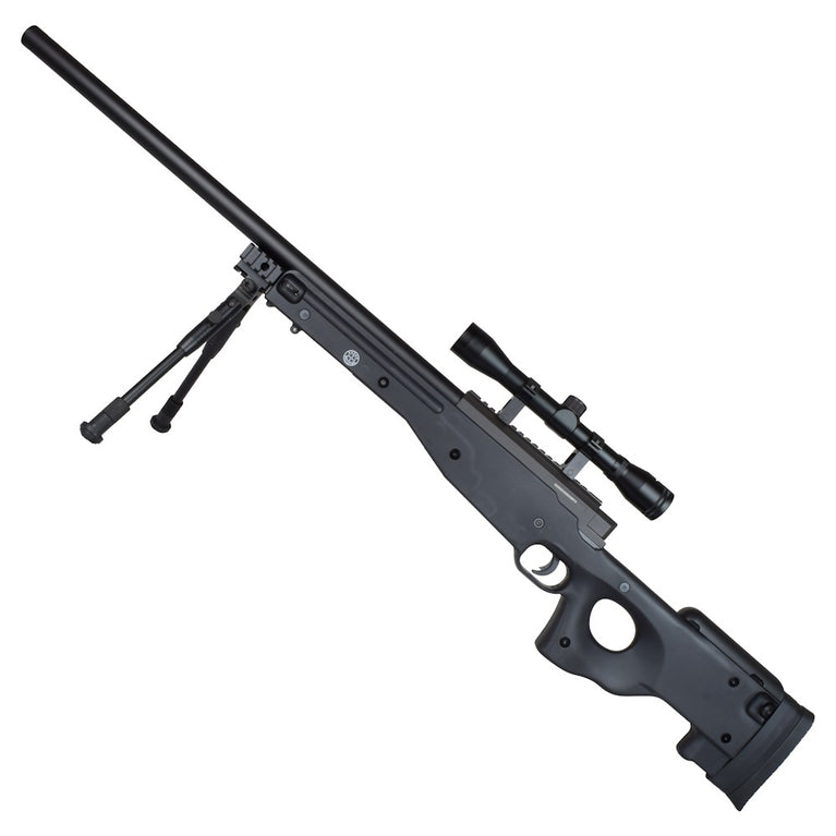 FUCILE SNIPER A MOLLA CON BIPIEDE E OTTICA 4X32 NERO WELL