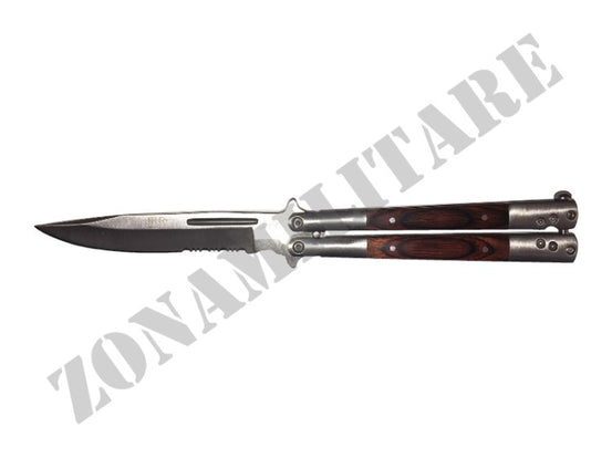 Coltello Butterfly Lama Seghettata Manico Inox E Legno