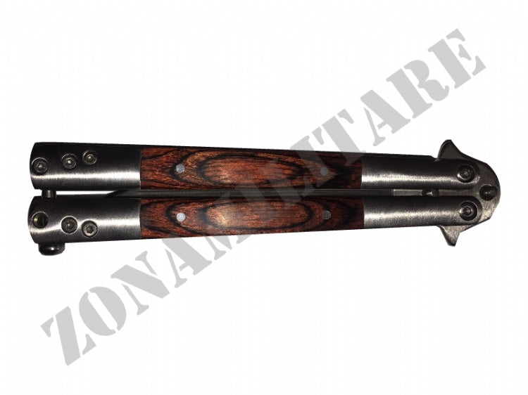 Coltello Butterfly Lama Seghettata Manico Inox E Legno