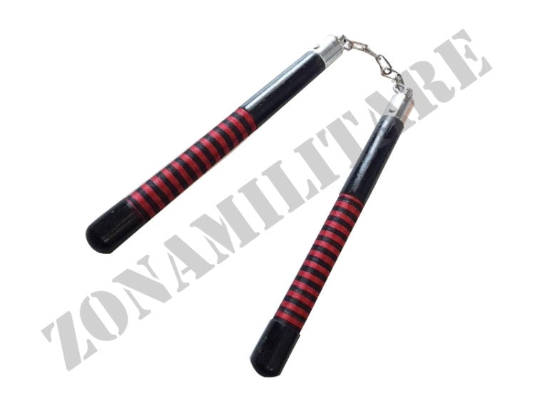 Nunchaku In Legno Nero Con Manici Con Stoffa Rossa E Nera