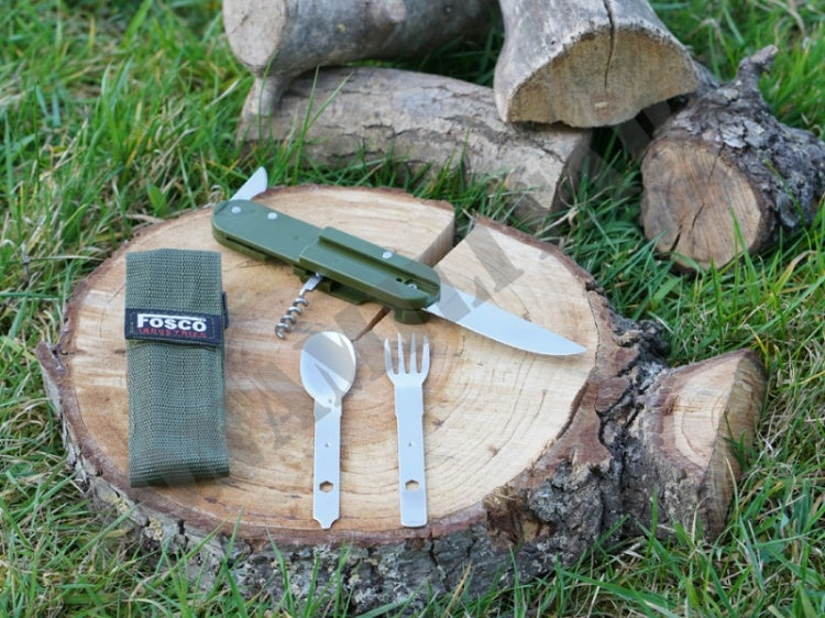 Kit Posate Pieghevoli Per Outdoor Con Fodero Nero Fosco