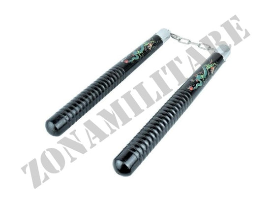 Nunchaku In Legno Nero Con Dragone Stampato