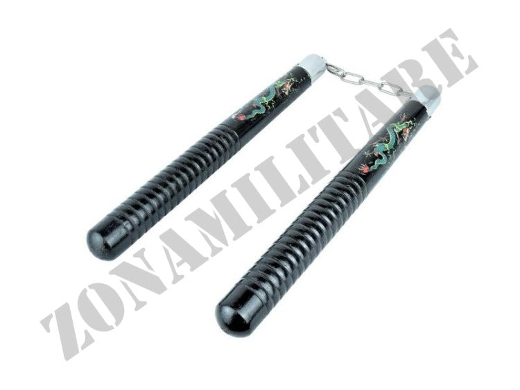 Nunchaku In Legno Nero Con Dragone Stampato
