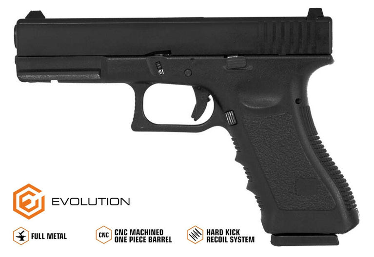 PISTOLA A GAS SCARRELLANTE GLOCK 17 NERA METAL SCARRELLANTE EVOLUTION AIRSOFT