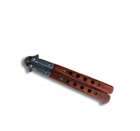 Coltello A farfalla con lama forata da 9 cm, acciaio grigio opaco, legno BALISONG