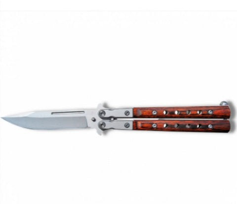 Coltello A farfalla con lama forata da 9 cm, acciaio grigio opaco, legno BALISONG