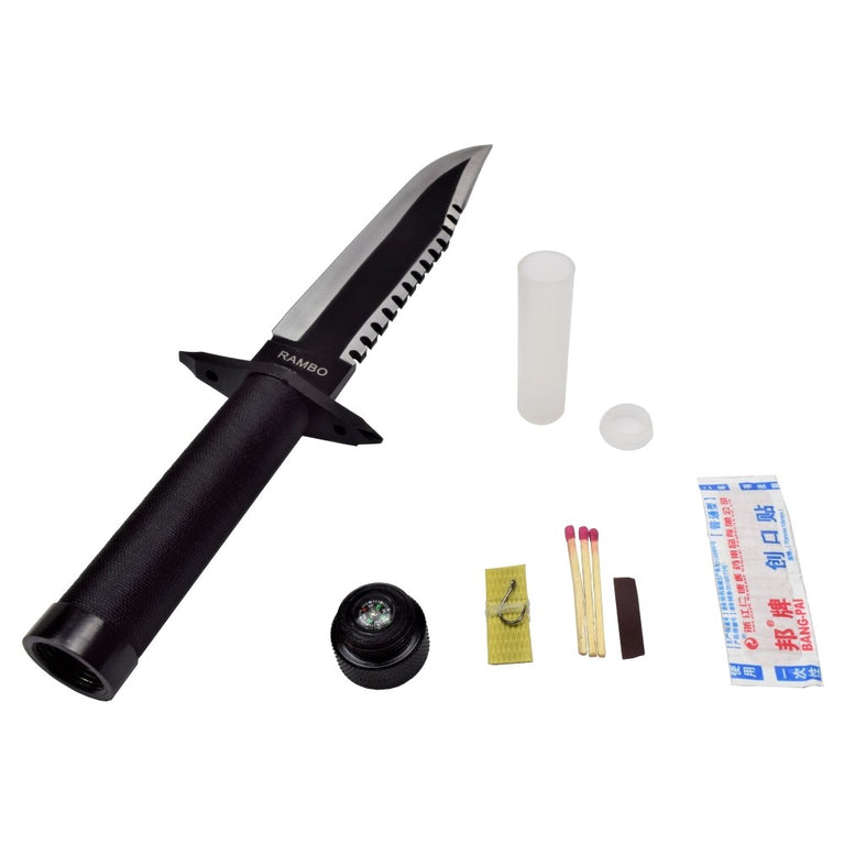 COLTELLO DA CACCIA RAMBO I CON KIT SURVIVOR NEL MANICO