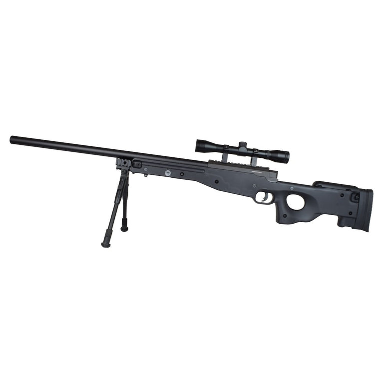FUCILE SNIPER A MOLLA CON BIPIEDE E OTTICA 4X32 NERO WELL