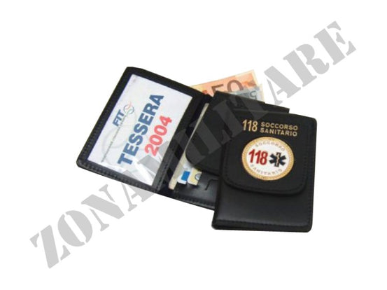 Porta Foglio Volontario 118 In Cuoio Nero Con Placca