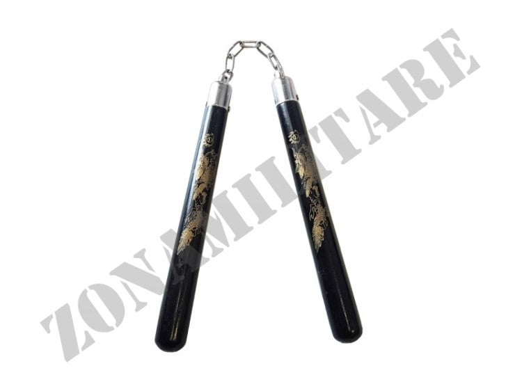 Nunchaku In Legno Nero Con Manici A Decorazioni Dragone